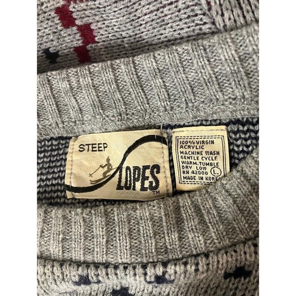 Vintage Sleep Slopes Gray Red Reindeer Christmas Sweater L 100% Virgin Acrylic - Picture 5 of 7